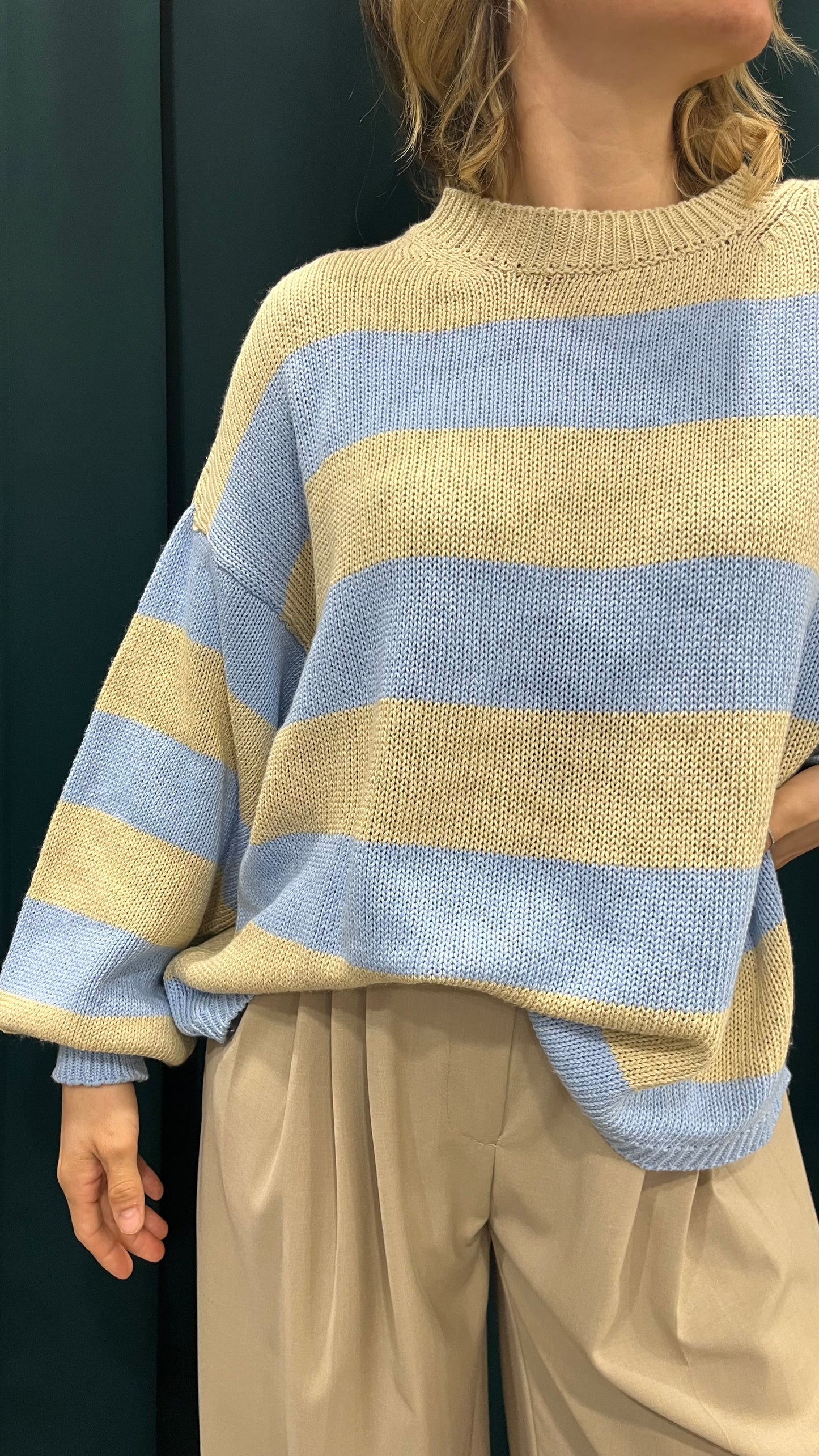 Maglione Over Righe Crema Azzurro