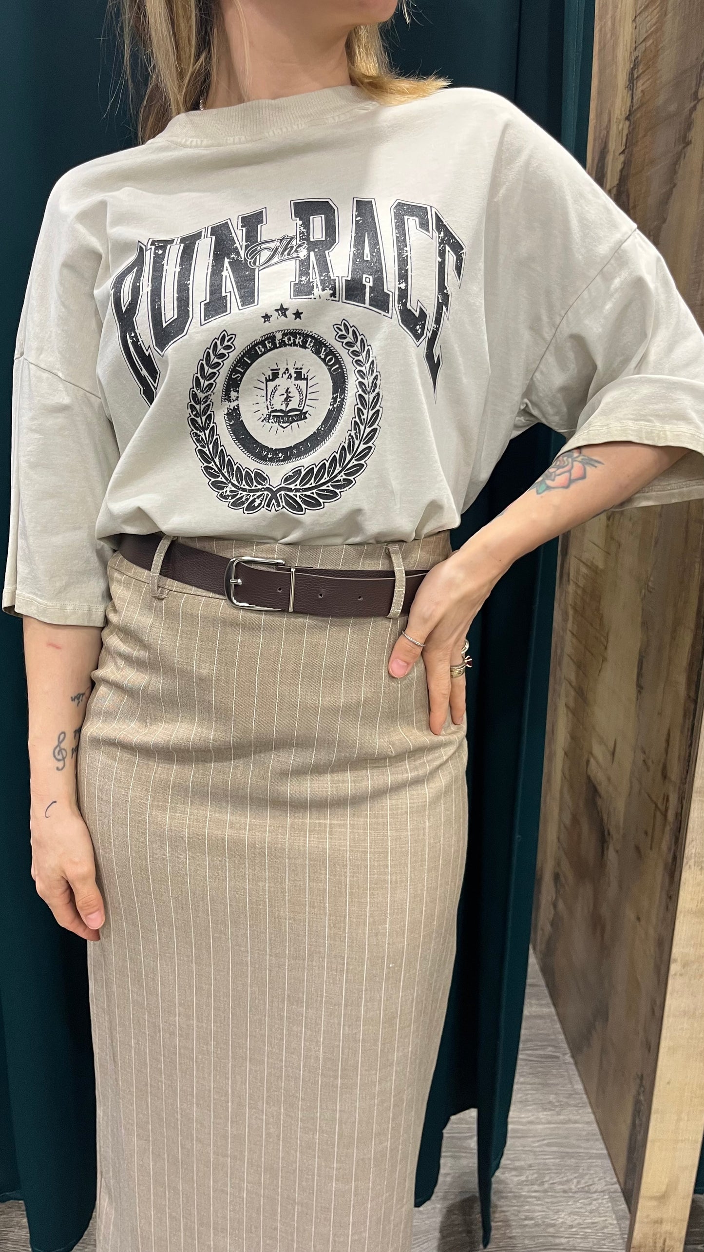 Gonna Longuette Beige Gessato