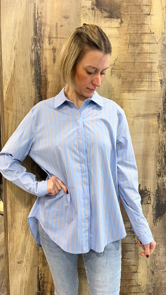 Camicia Azzurra Oversize in Cotone Con Righe Sabbia e Bianco