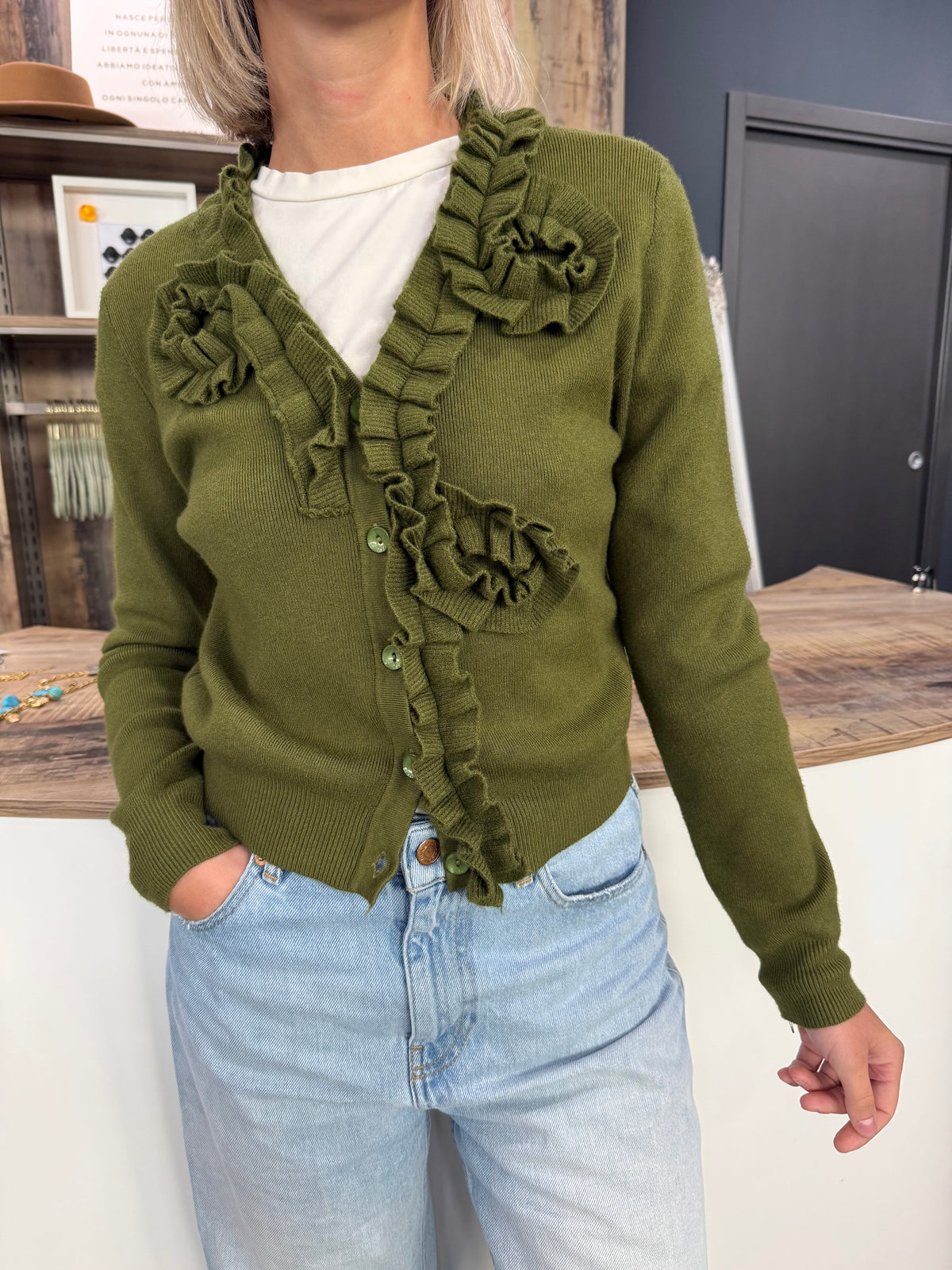 Cardigan Rouches Verde Olio