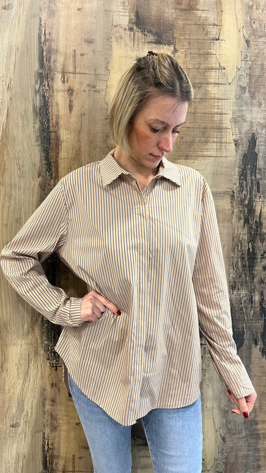 Camicia In Cotone Oversize a Righe Sabbia e Blu