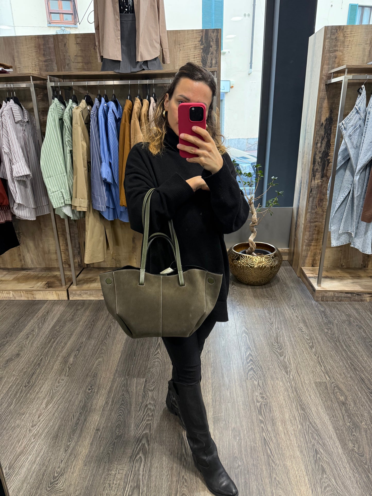 Borsa In Pelle Suede Verde Militare Doppia Forma