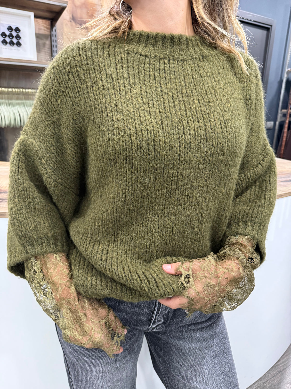 Maglione con Maniche in Pizzo Verde Oliva