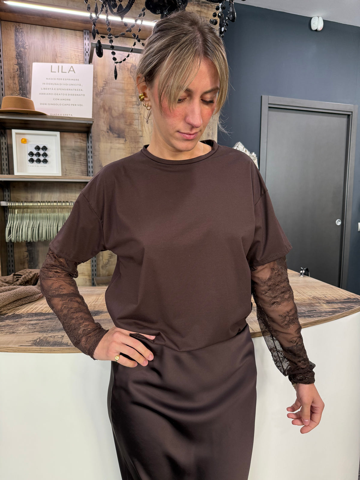 Maglia cotone maniche Pizzo