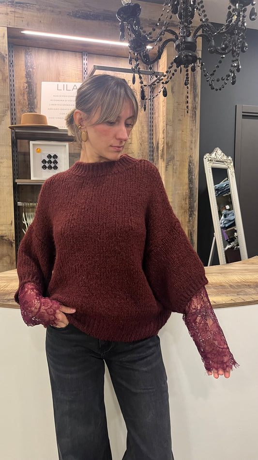 Maglione con Maniche in Pizzo Bordeaux