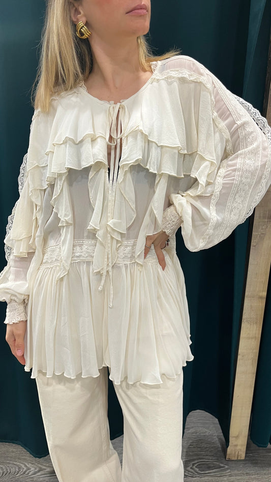 Camicia Rouches Kontatto in Viscosa Panna