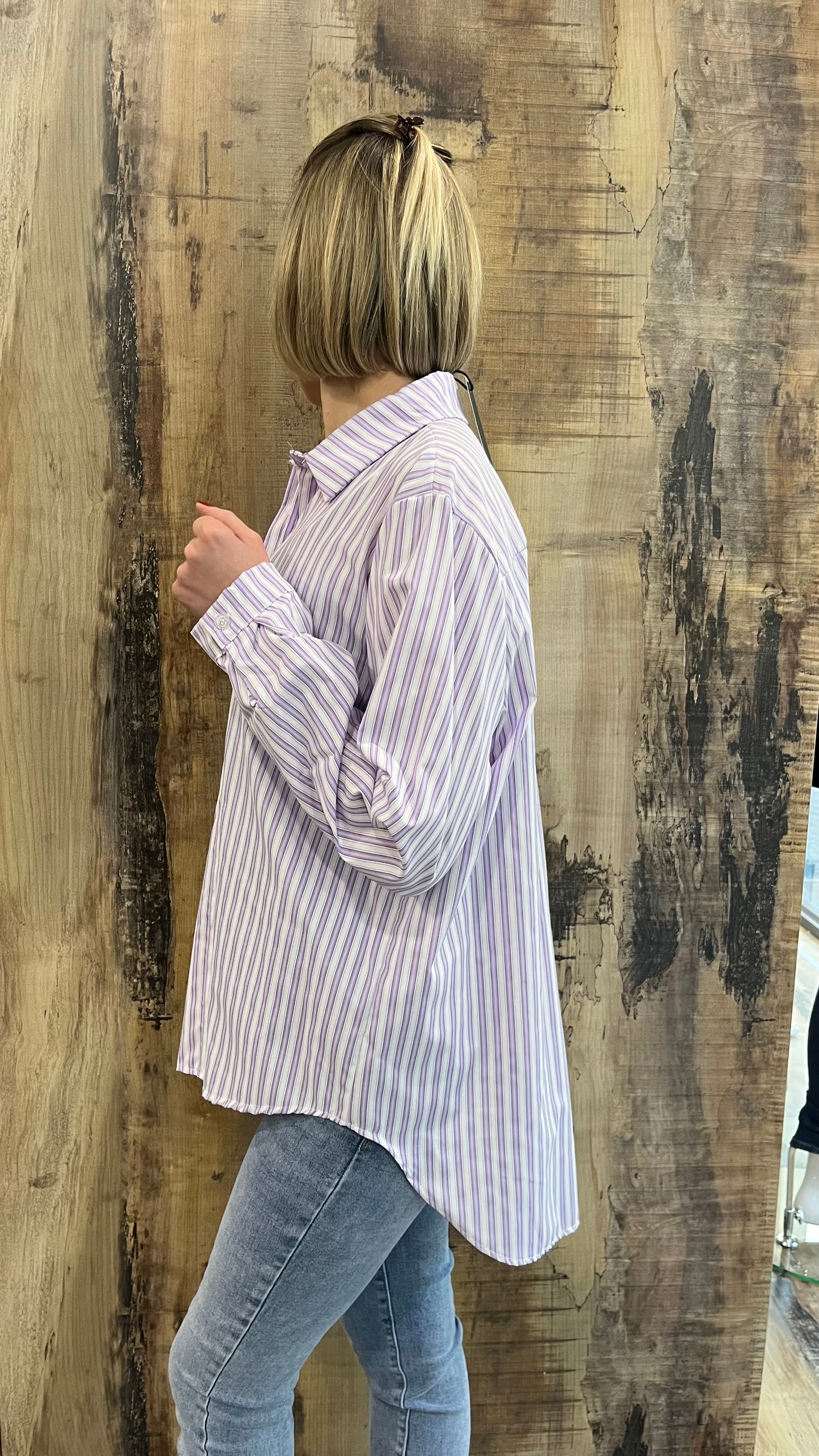 Camicia in Cotone Oversize a Righe lilla e Bianco