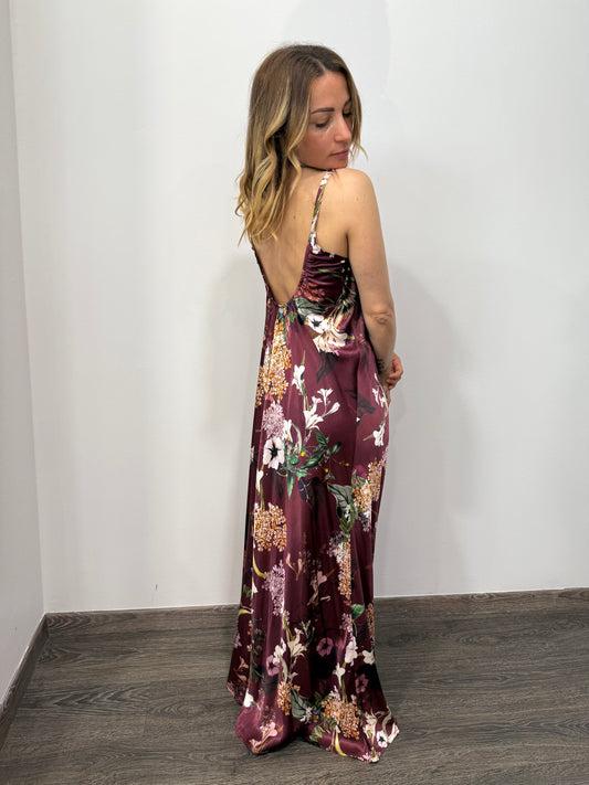 Abito Lila Con Spallina e Scollo Schiena Floreale Bordeaux
