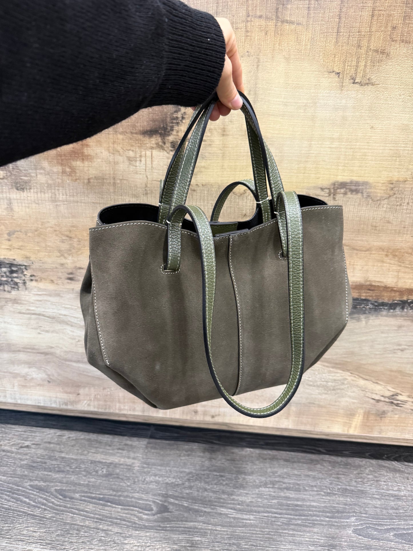 Borsa In Pelle Suede Verde Militare Doppia Forma