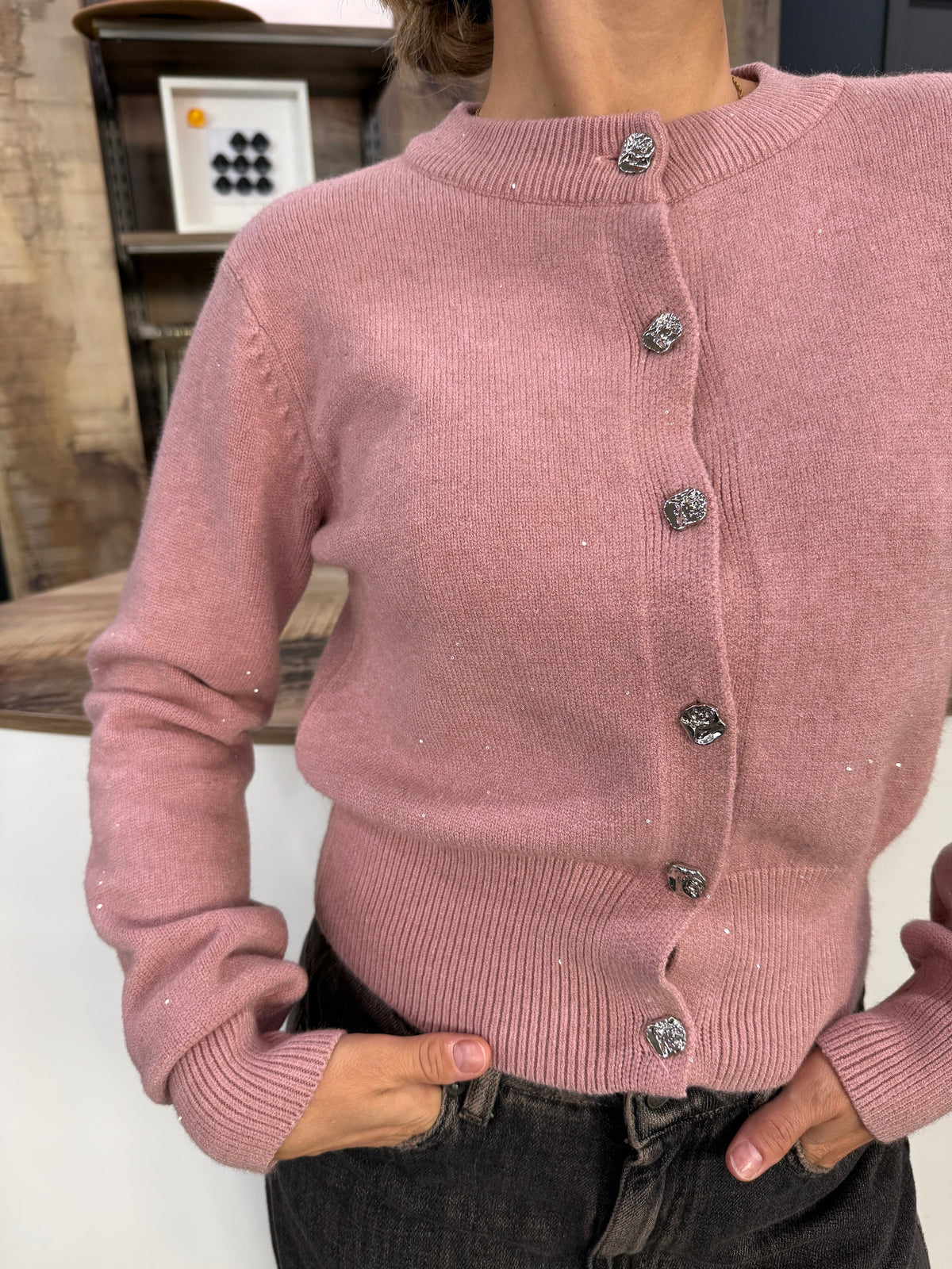 Cardigan Lurex e Bottoni Rosa