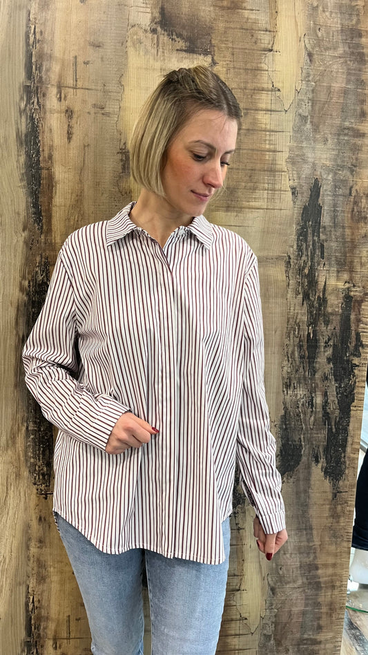 Camicia in Cotone Oversize a Righe Bianco Bordeaux