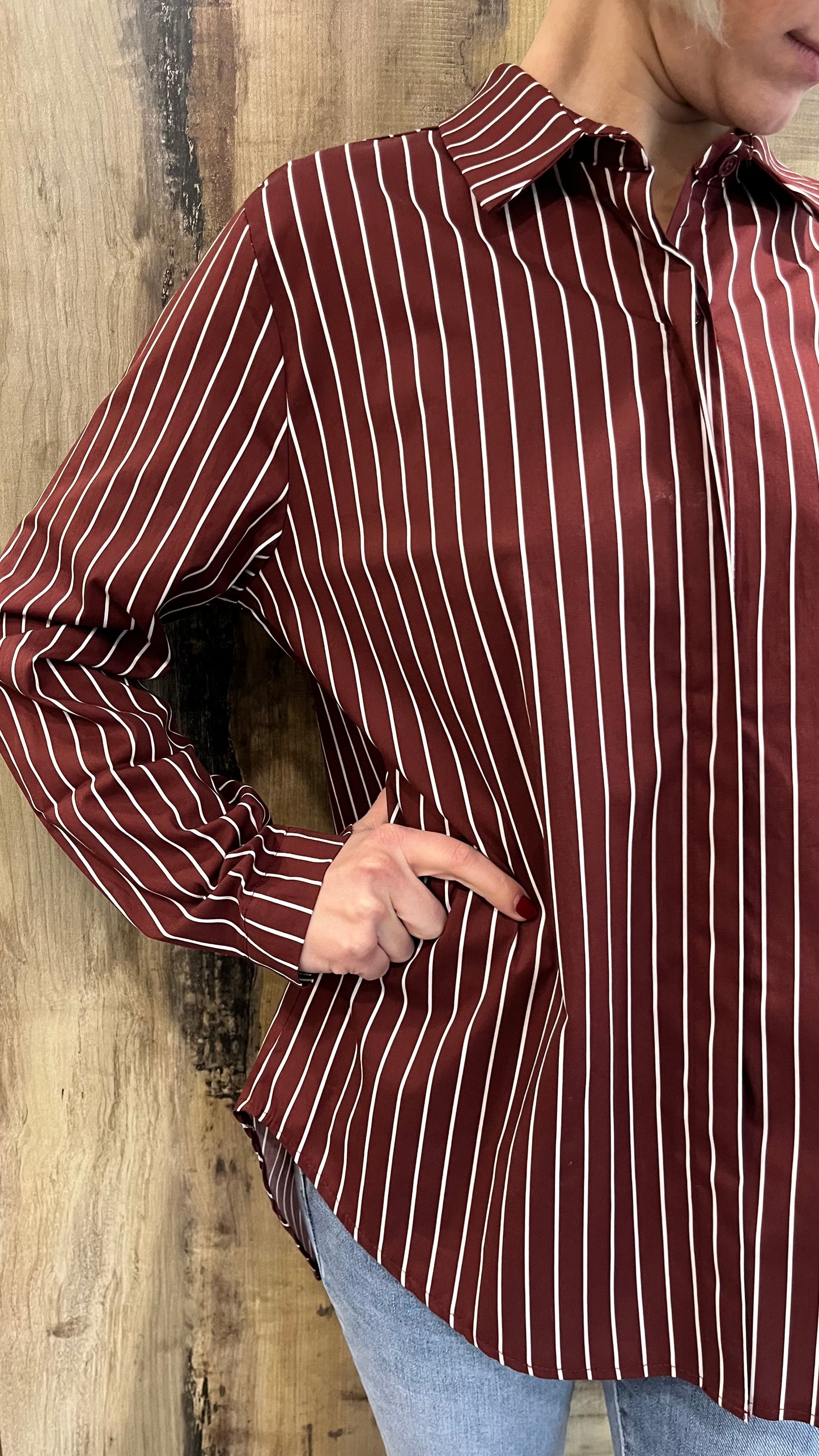 Camicia Oversize A Righe Bordeaux e Bianco in Cotone