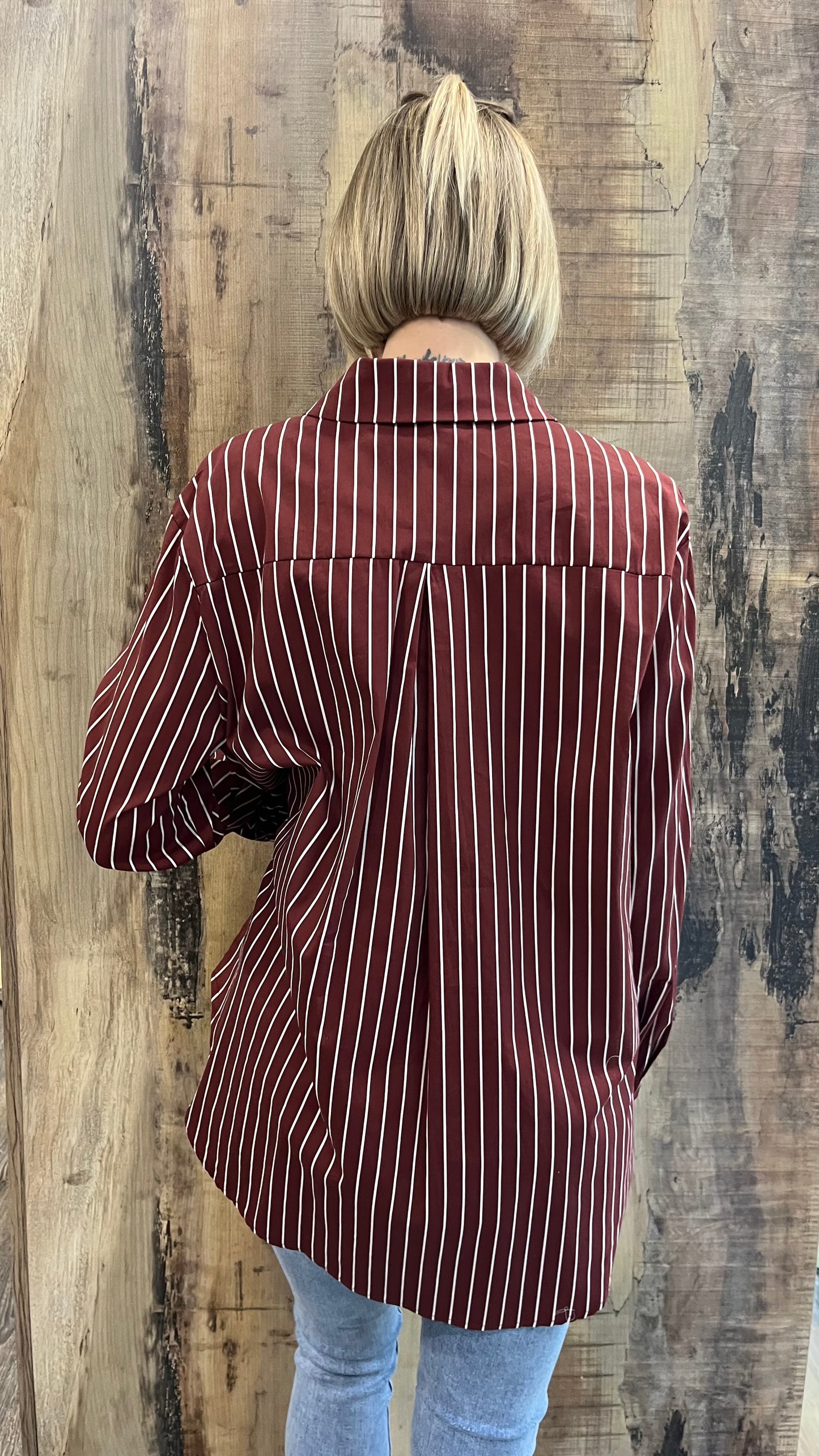 Camicia Oversize A Righe Bordeaux e Bianco in Cotone