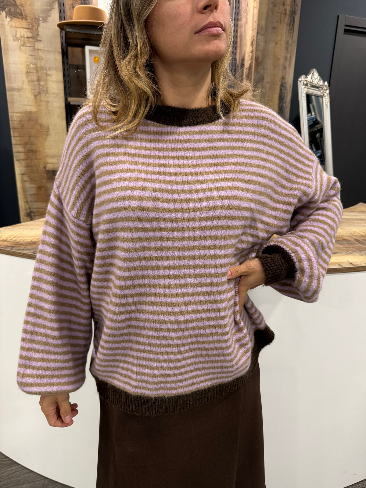 Maglione Righe con Profili Marrone