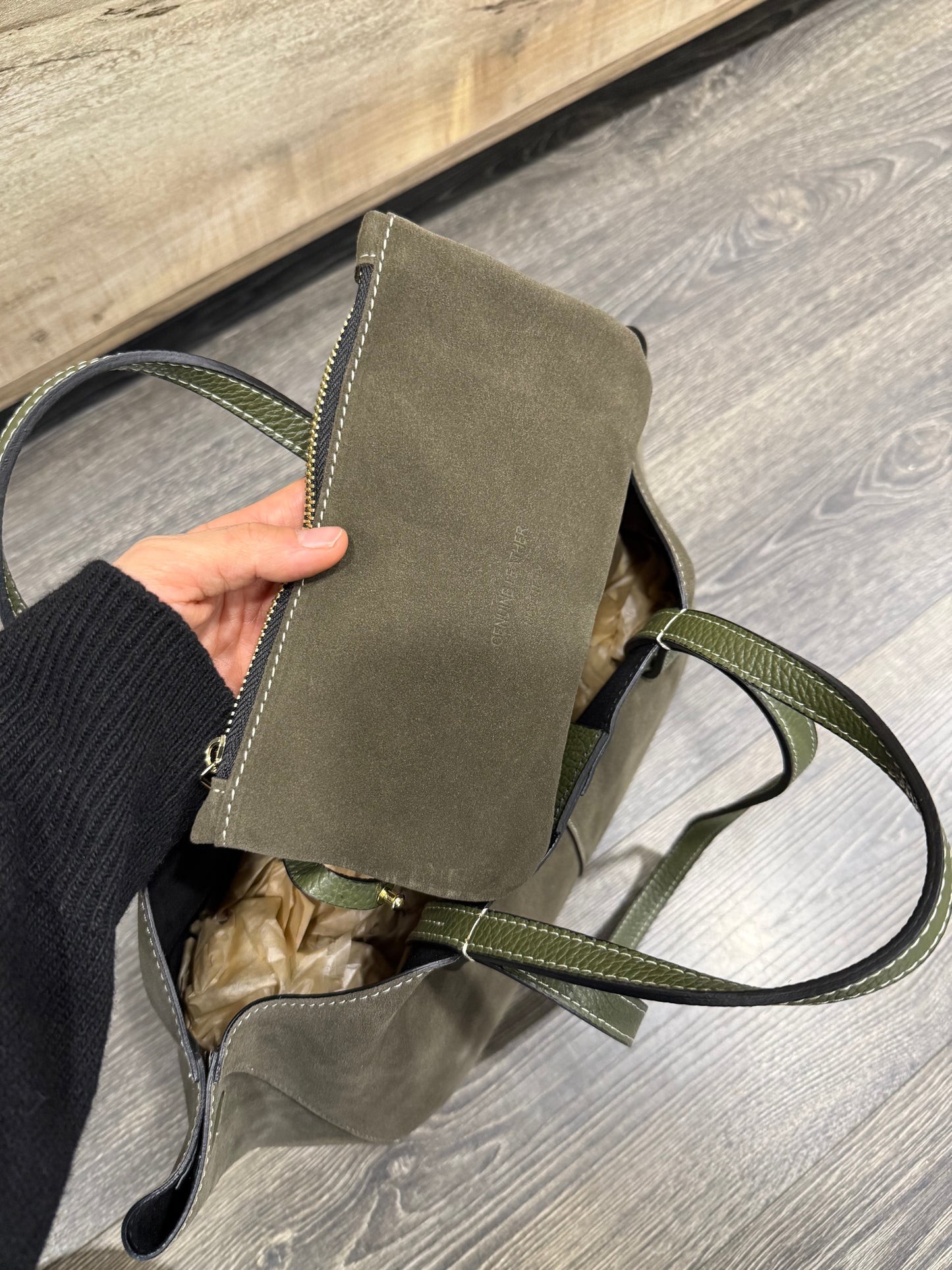 Borsa In Pelle Suede Verde Militare Doppia Forma