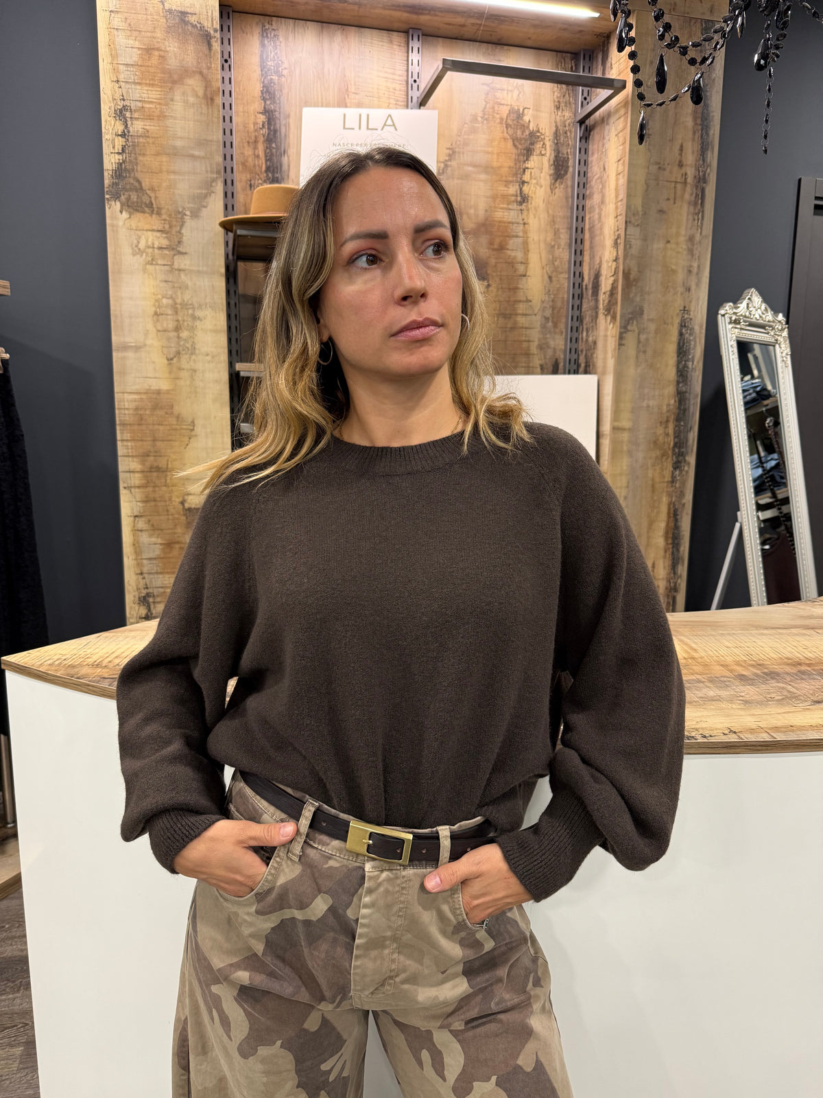 Maglione Maniche a Sbuffo Marrone
