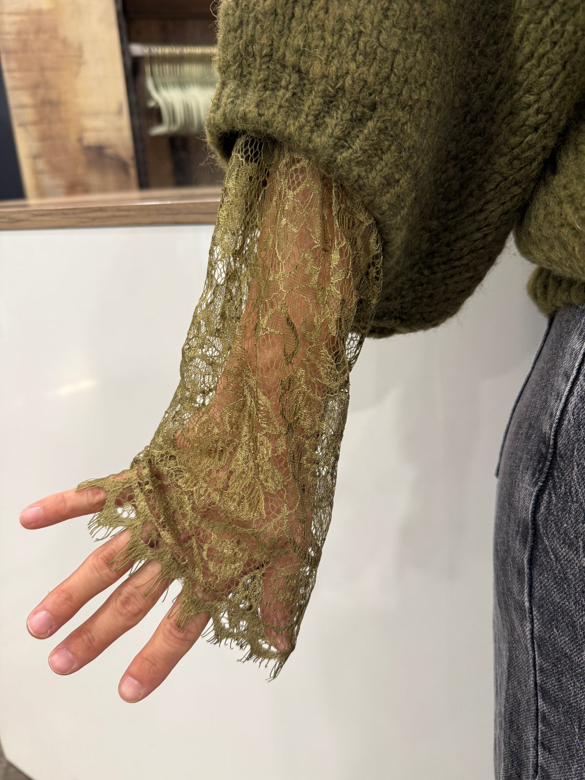 Maglione con Maniche in Pizzo Verde Oliva