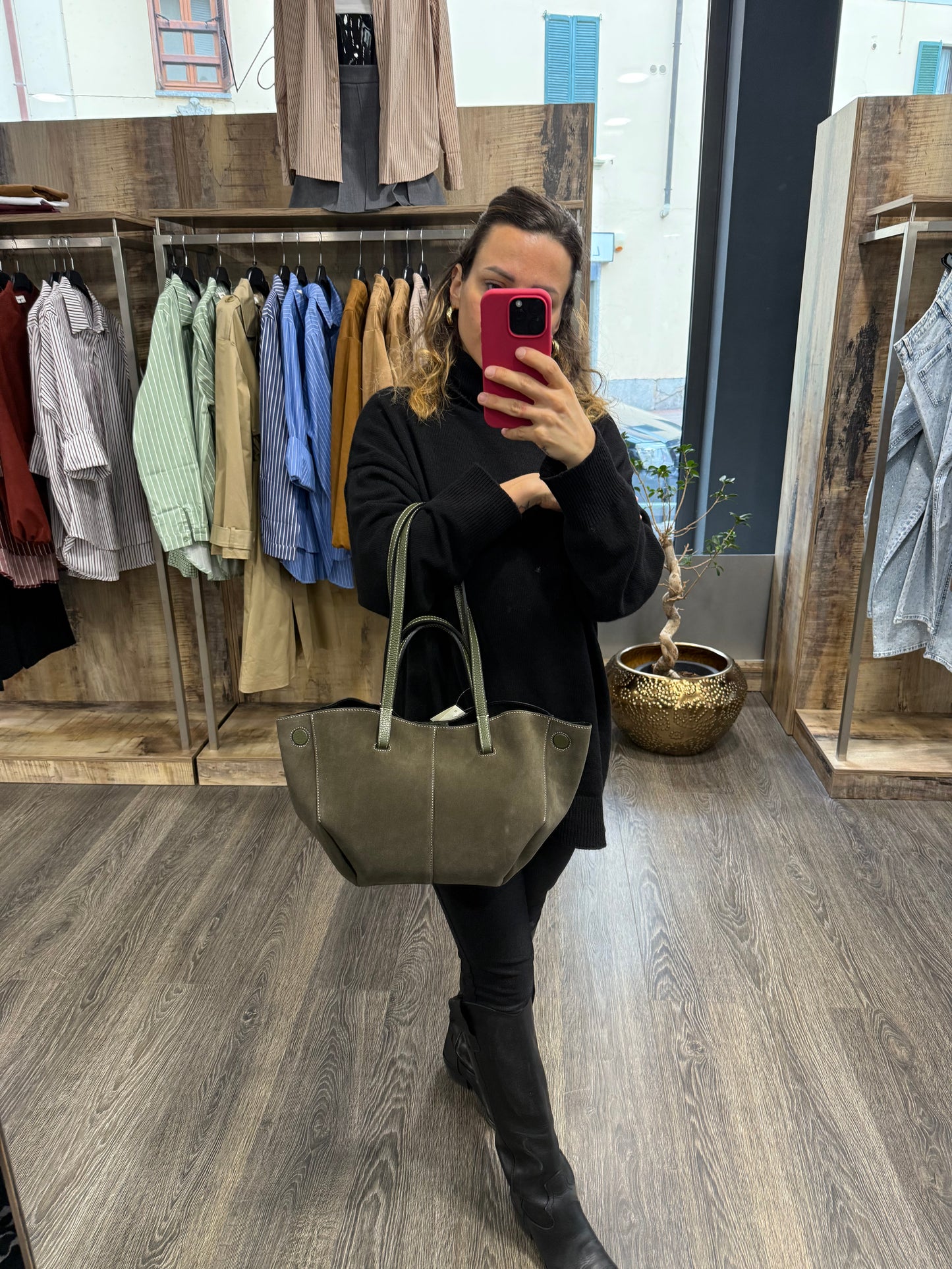 Borsa In Pelle Suede Verde Militare Doppia Forma