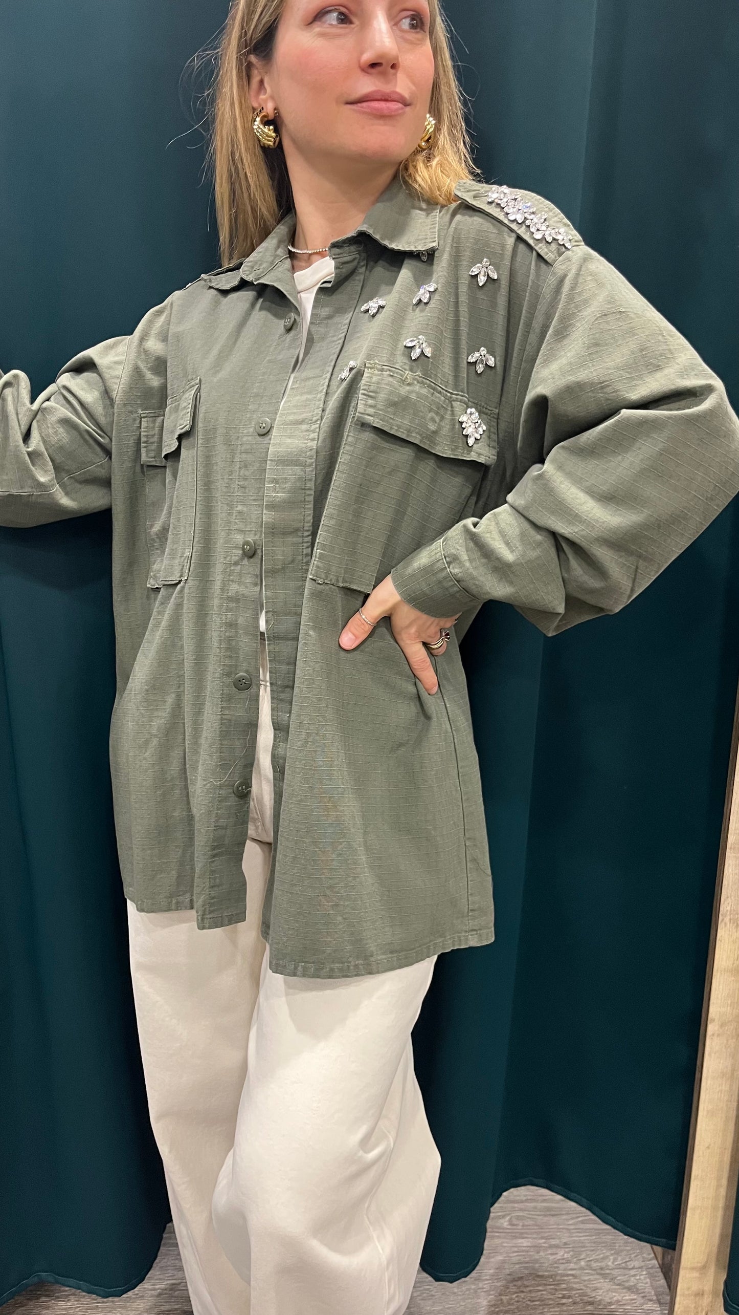Camicia Over Strass Verde Militare