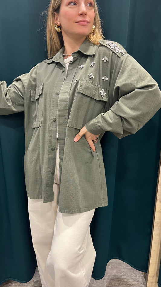 Camicia Over Strass Verde Militare