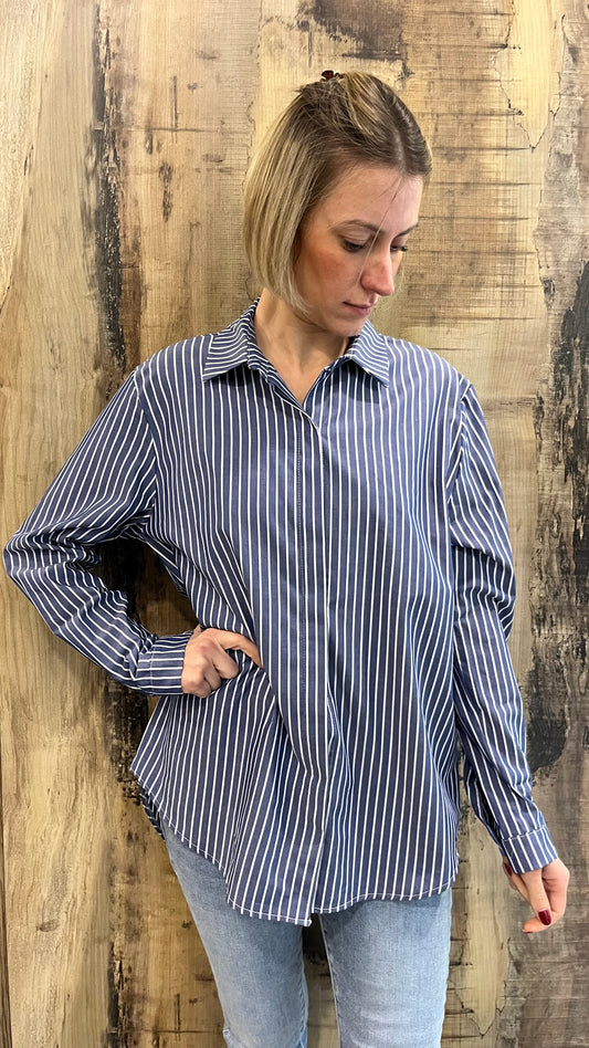 Camicia Oversize Righe Bianco Blu Svasata in Cotone