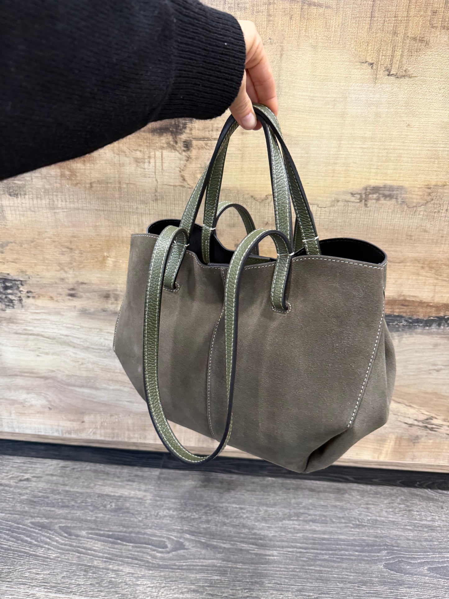 Borsa In Pelle Suede Verde Militare Doppia Forma