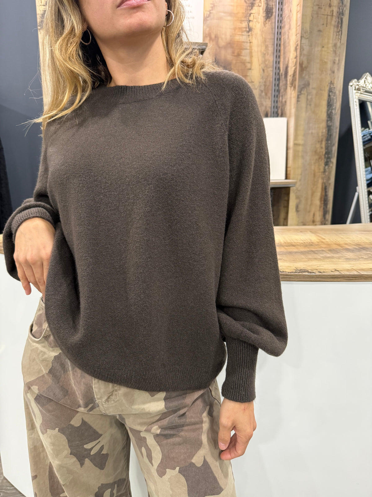 Maglione Maniche a Sbuffo Marrone