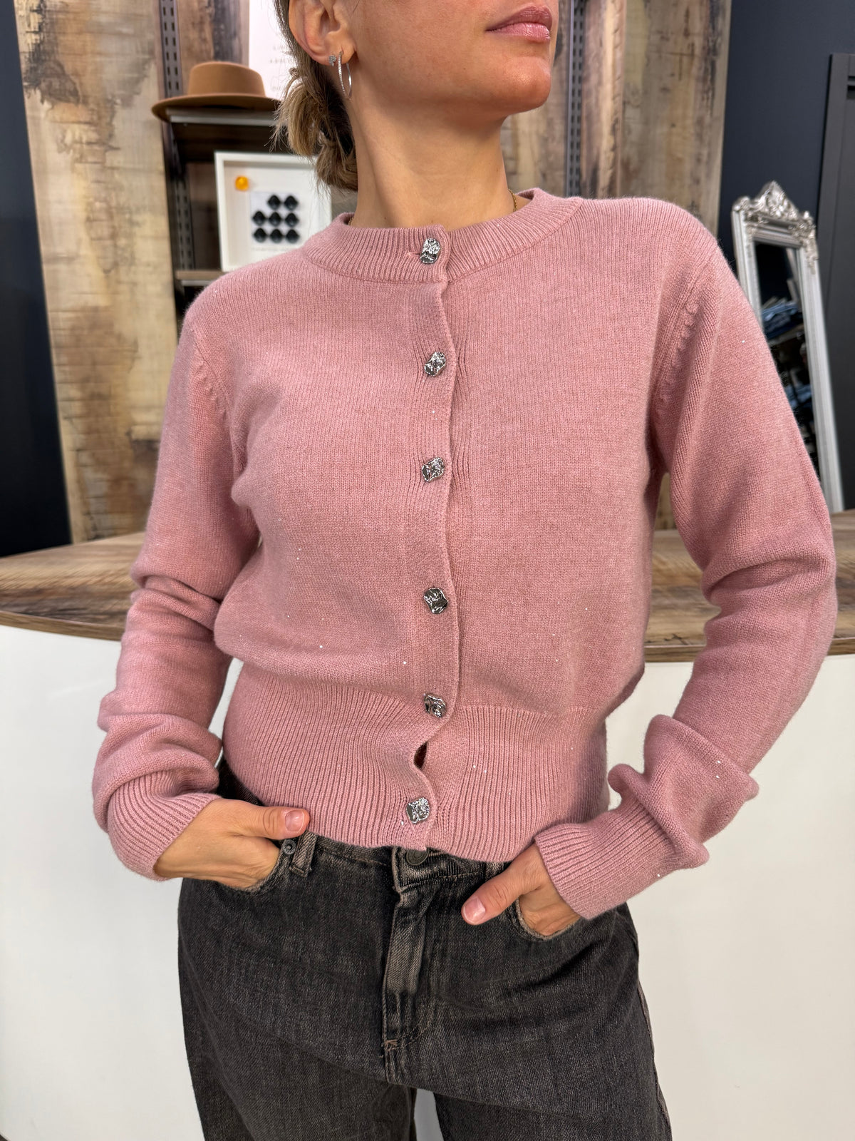 Cardigan Lurex e Bottoni Rosa