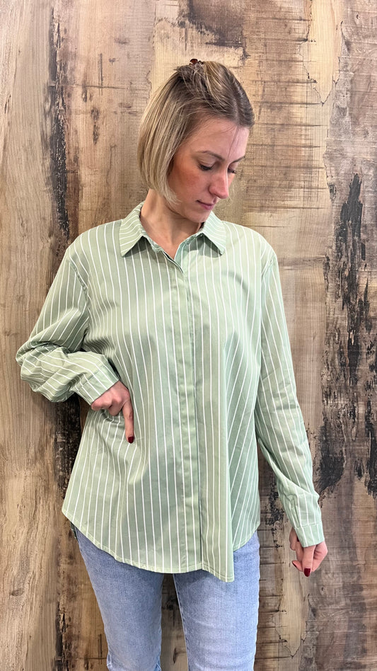 Camicia in Cotone Oversize a Righe Menta e Bianco