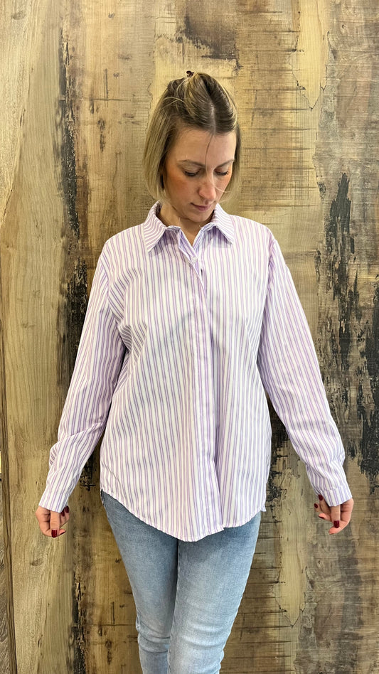 Camicia in Cotone Oversize a Righe lilla e Bianco