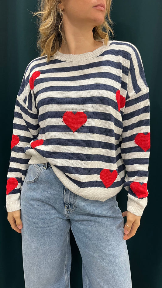 Maglione Righe e Cuori Blu