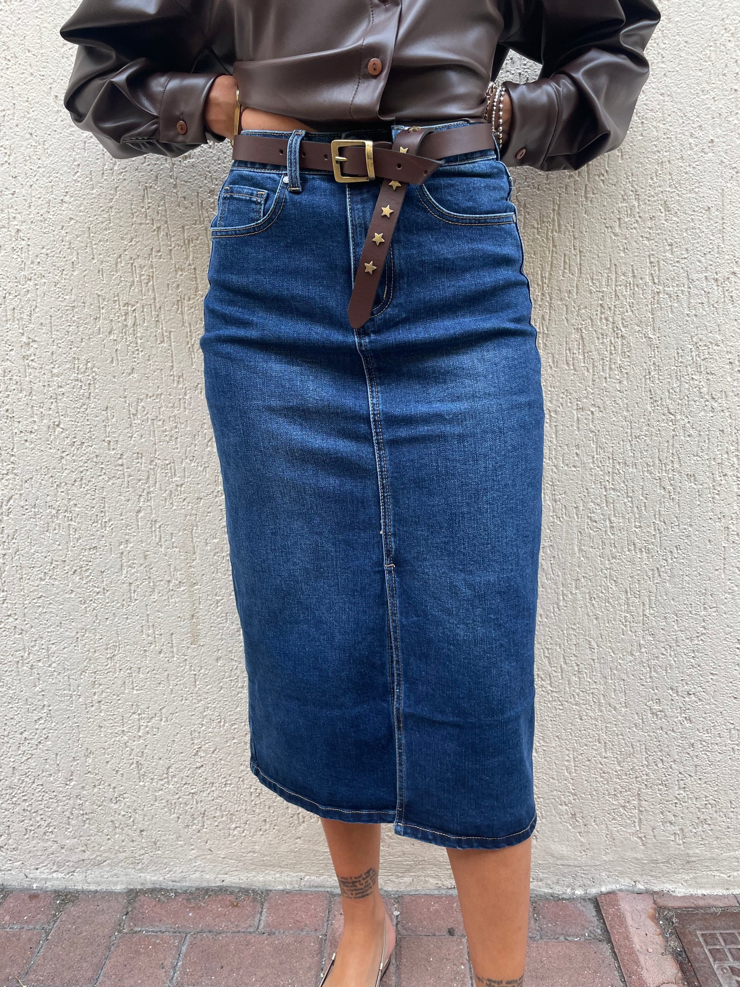 Longuette in Denim Jeans Elasticizzata Vita Alta