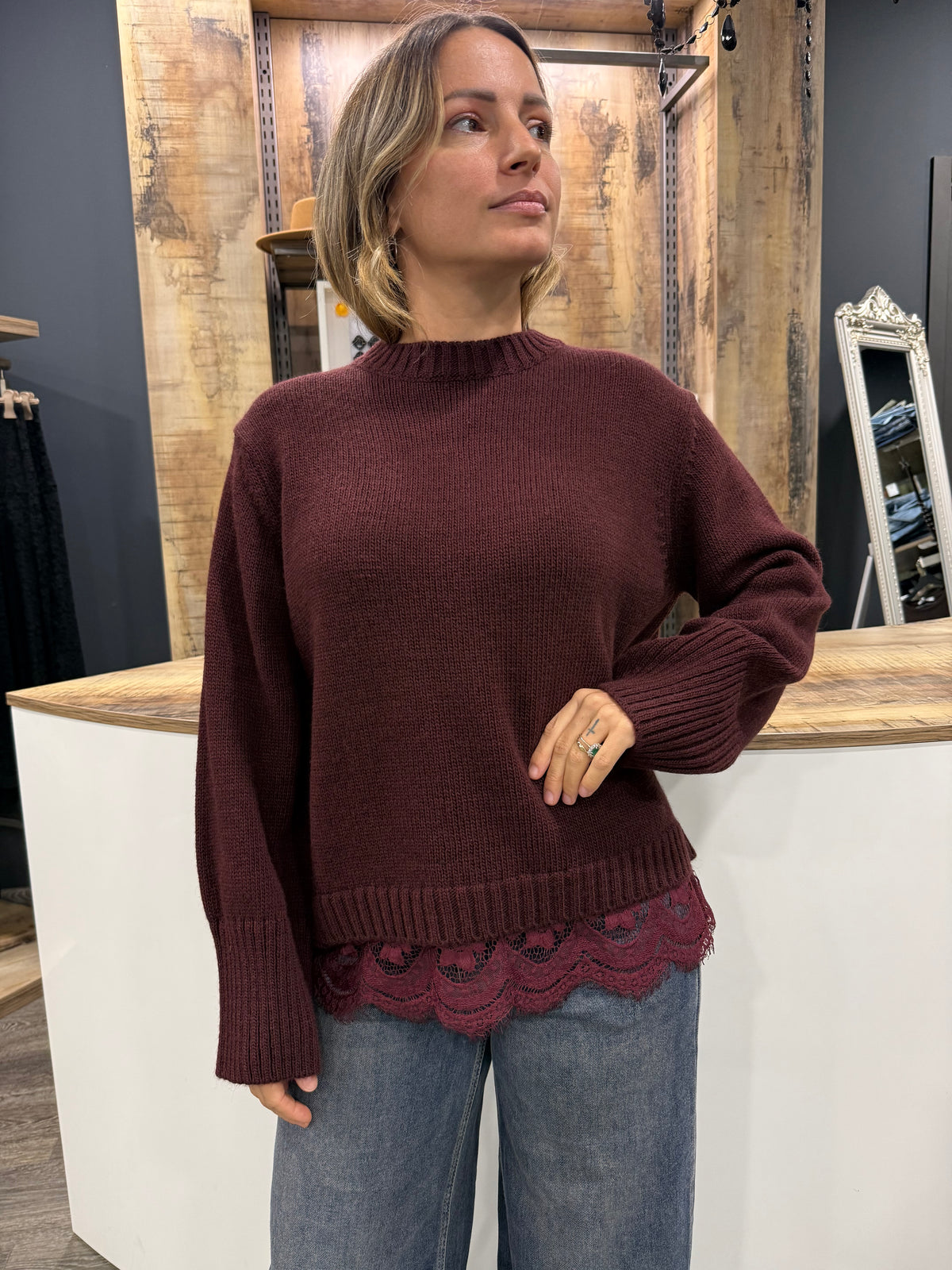 Maglione Con Pizzo Bordeaux