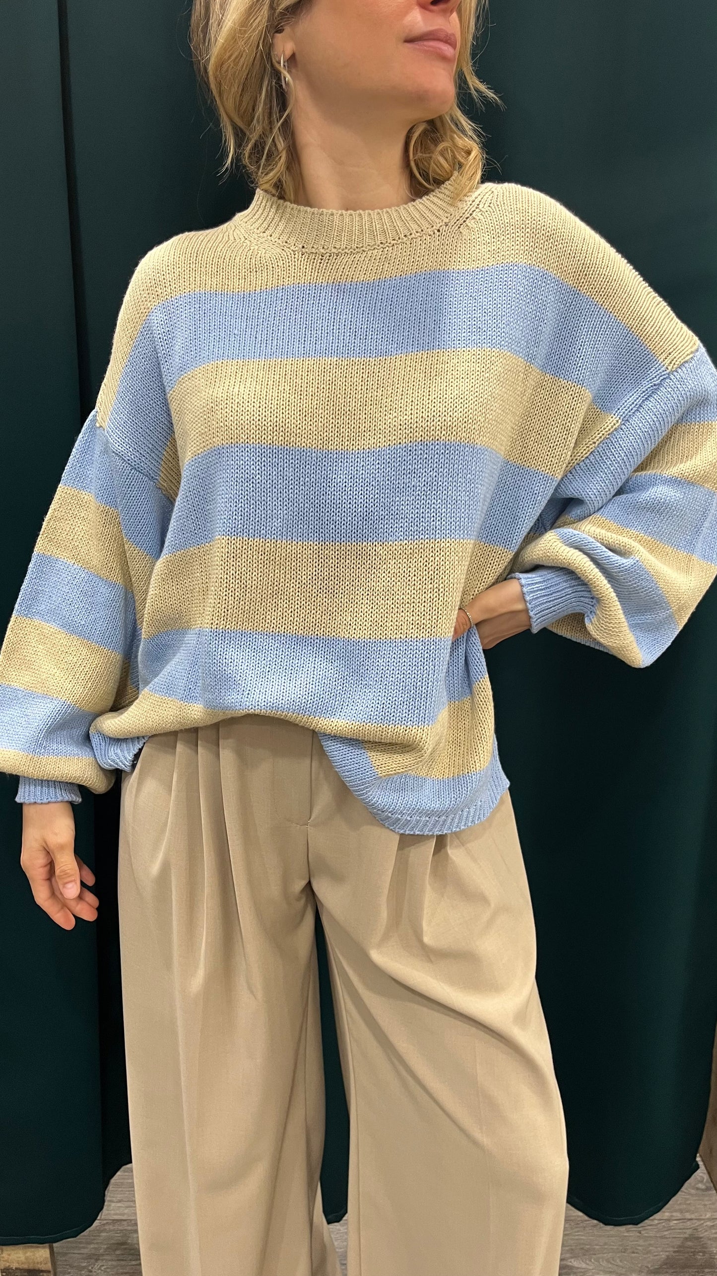 Maglione Over Righe Crema Azzurro