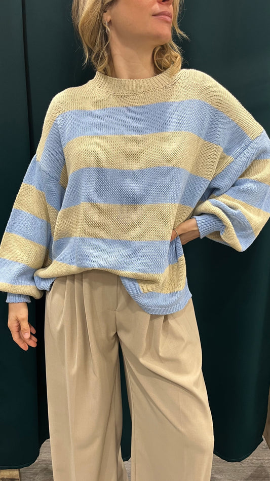 Maglione Over Righe Crema Azzurro