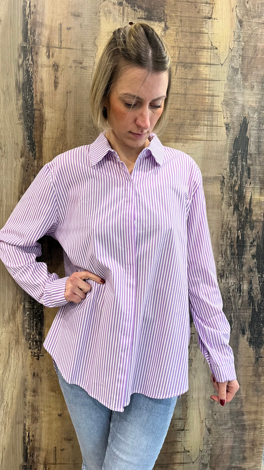 Camicia in Cotone Oversize a Righe Lilla e Bianco