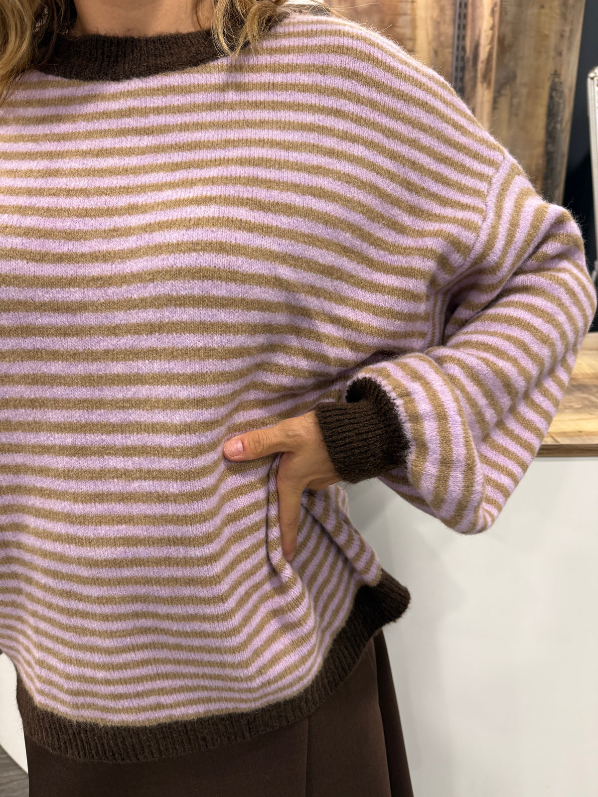 Maglione Righe con Profili Marrone