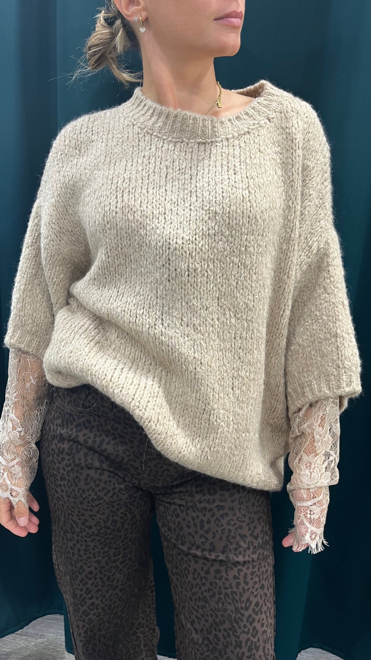 Maglione Manica Pizzo Beige