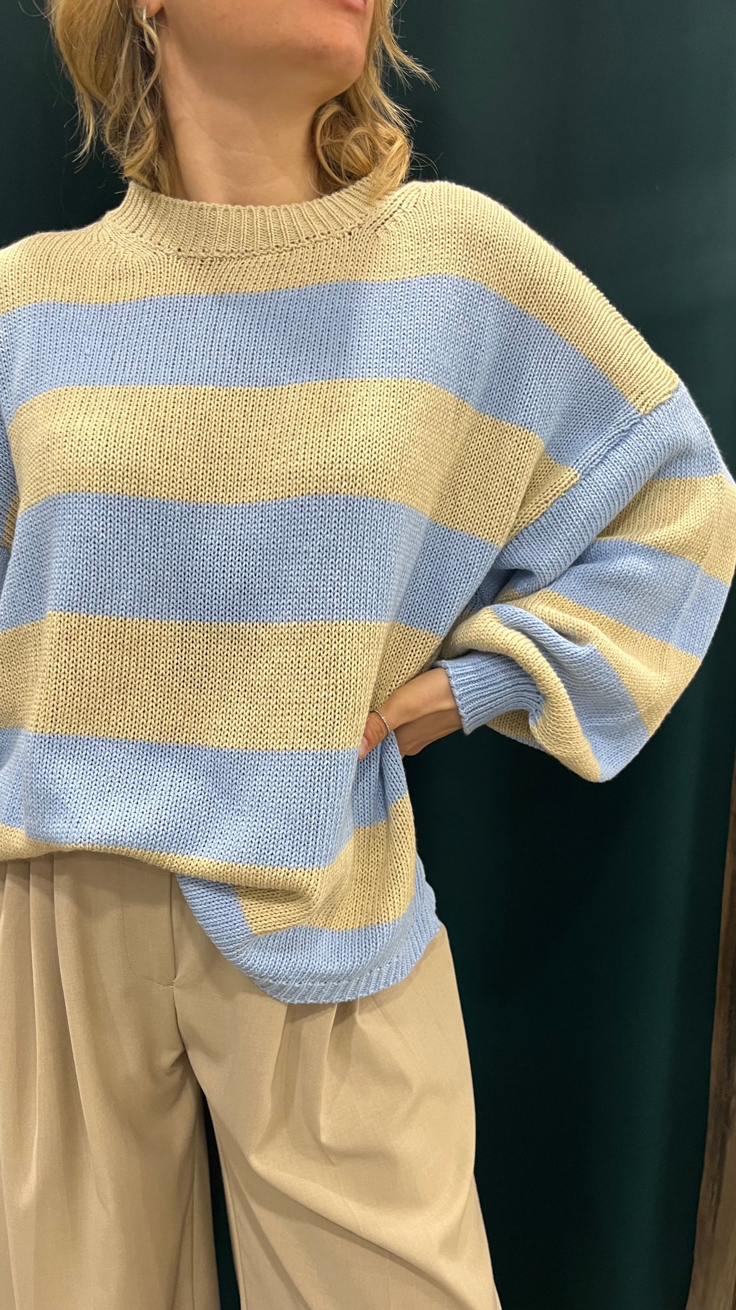 Maglione Over Righe Crema Azzurro
