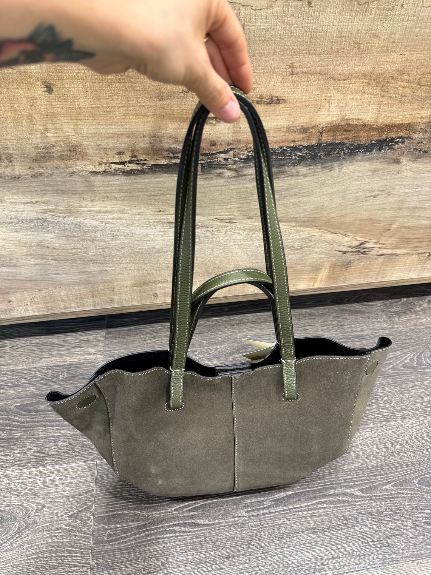 Borsa In Pelle Suede Verde Militare Doppia Forma