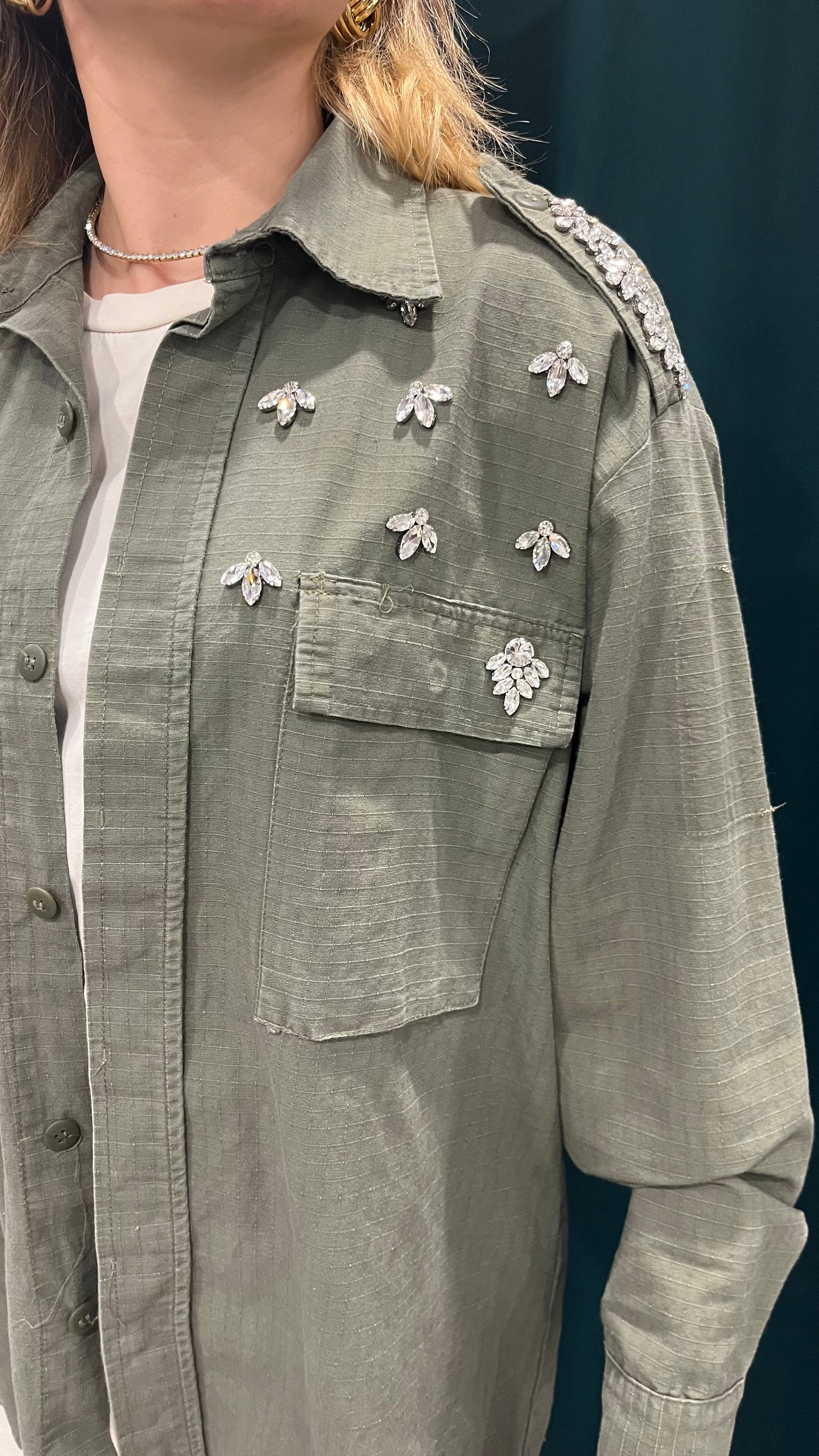 Camicia Over Strass Verde Militare