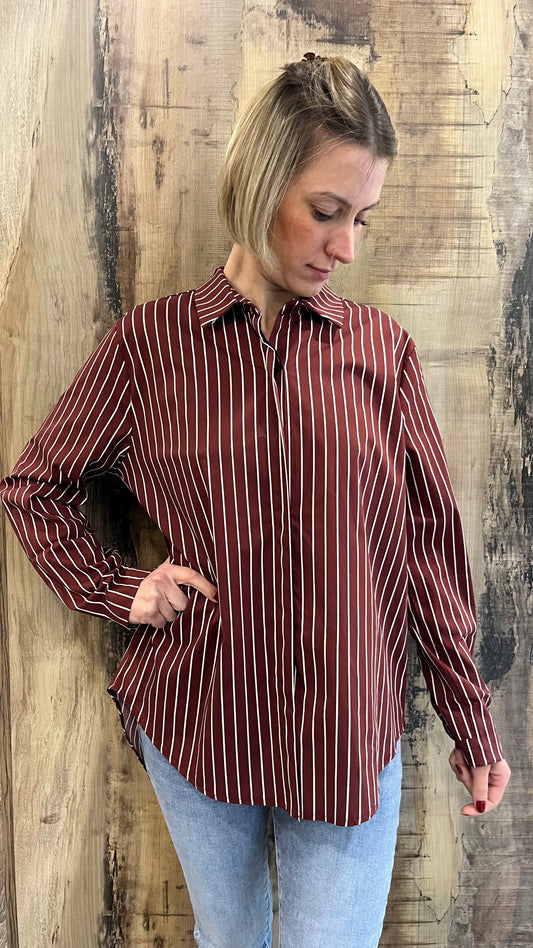 Camicia Oversize A Righe Bordeaux e Bianco in Cotone