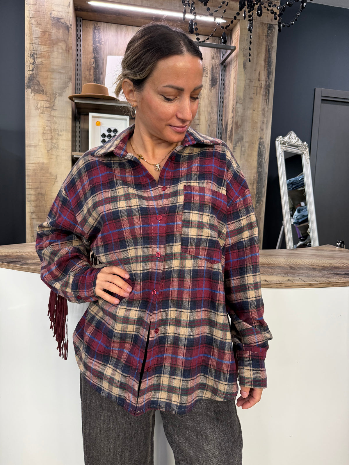 Camicia Check con Frange Bordeaux