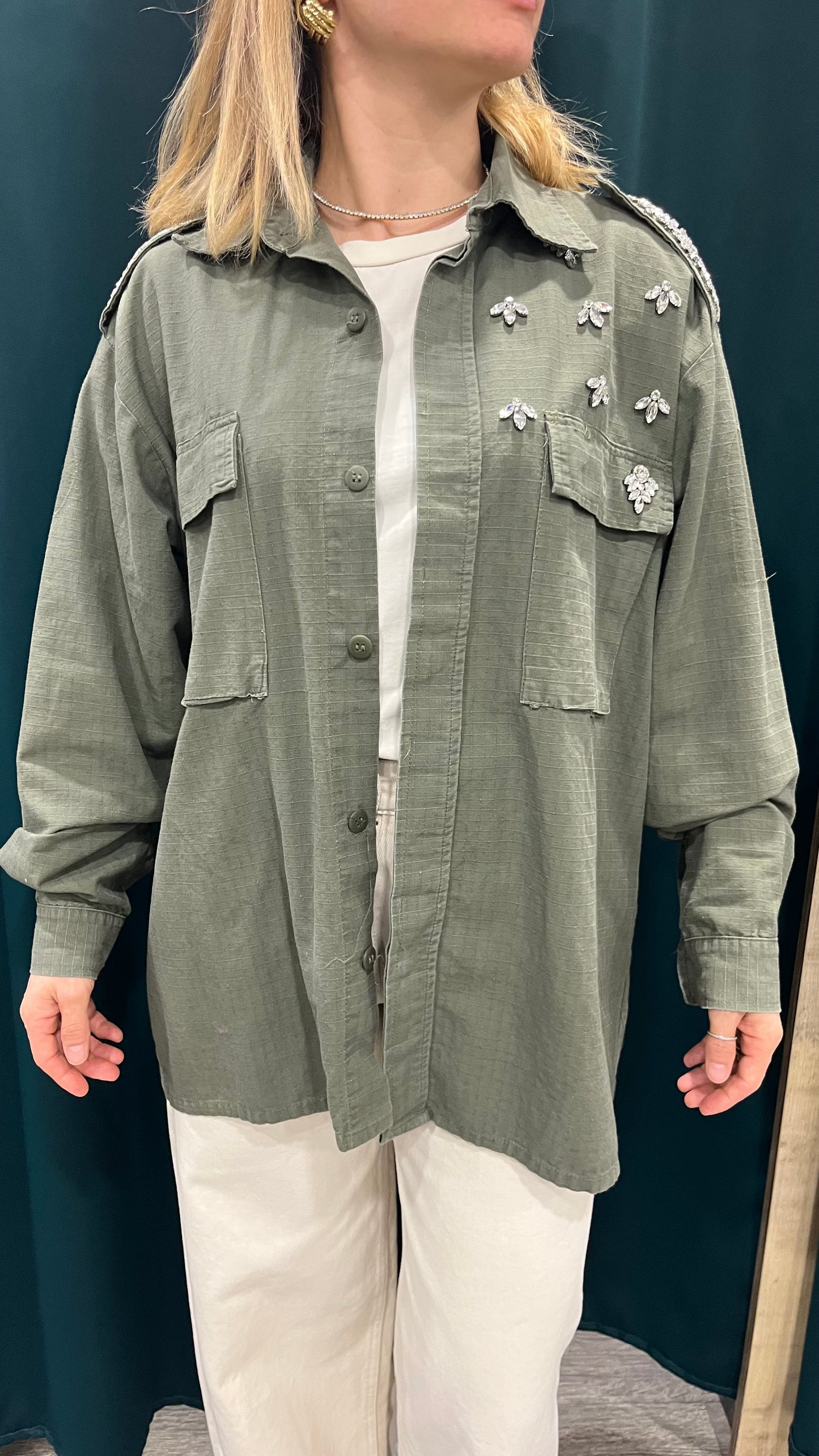 Camicia Over Strass Verde Militare